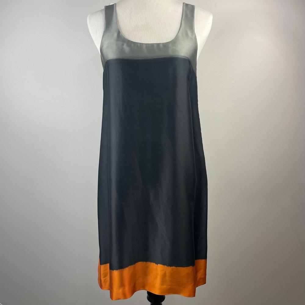 Theory Petala Sidewalk Silk Colorblock Shift Dress Black Green Orange‎ Size 8